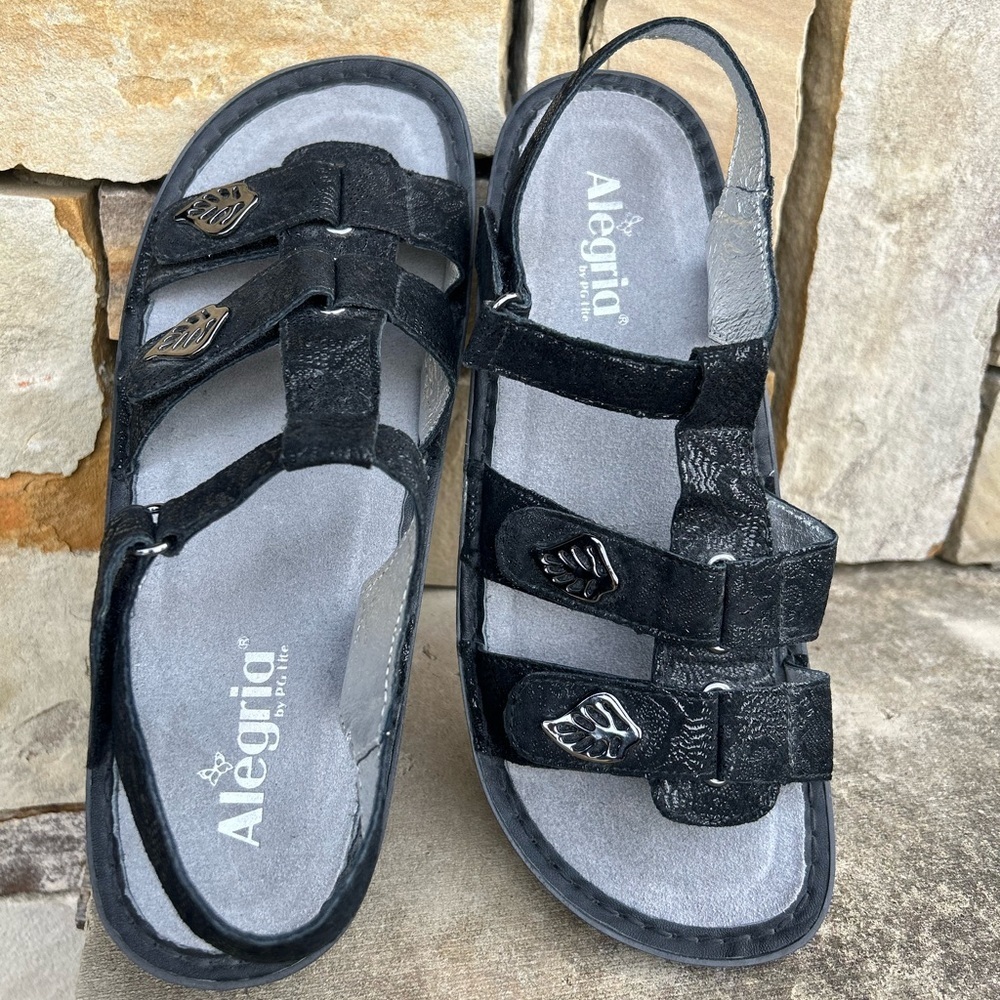 Alegria Kleo Black Leaf Textured Sandals NWOB Sz-41(US 10.5) U‎
